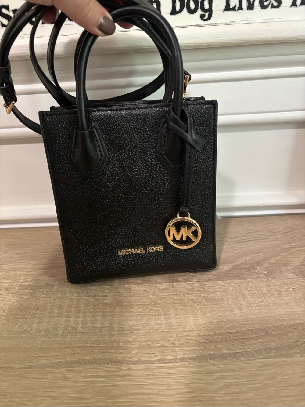 Michael Kors Black Pebbled Leather Mini Tote with Gold MK Charm